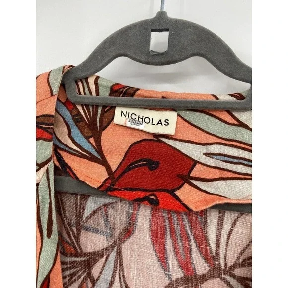 Nicholas Asilah Tropical Floral Print Orange Tie Front V-Neck Midi Dress Size 10